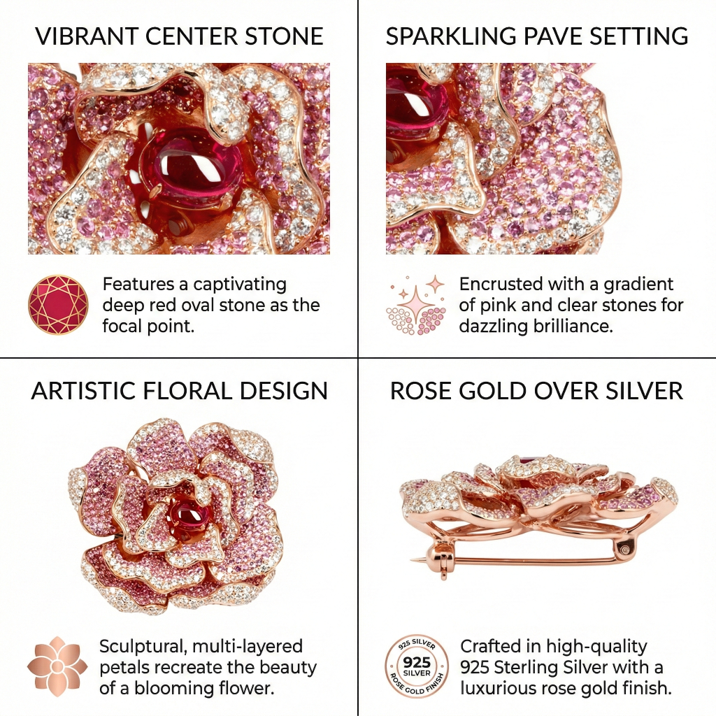 Exquisite Silver Pink Pave Flower Brooch – KN