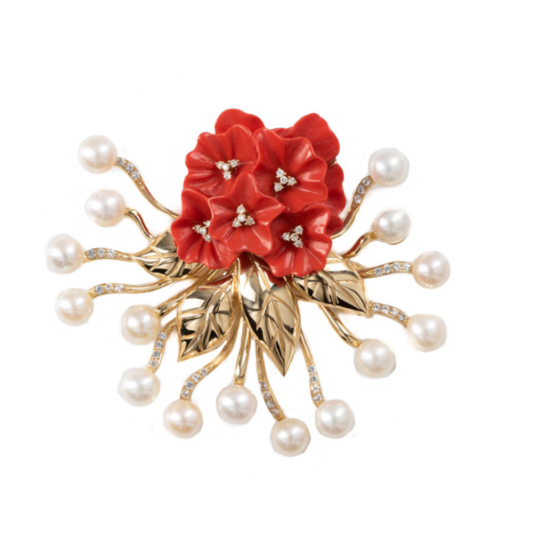 Mountain Beauty Laligurans Pendant/Brooch with Pearl Splash ( Red flower / Gold leaf )