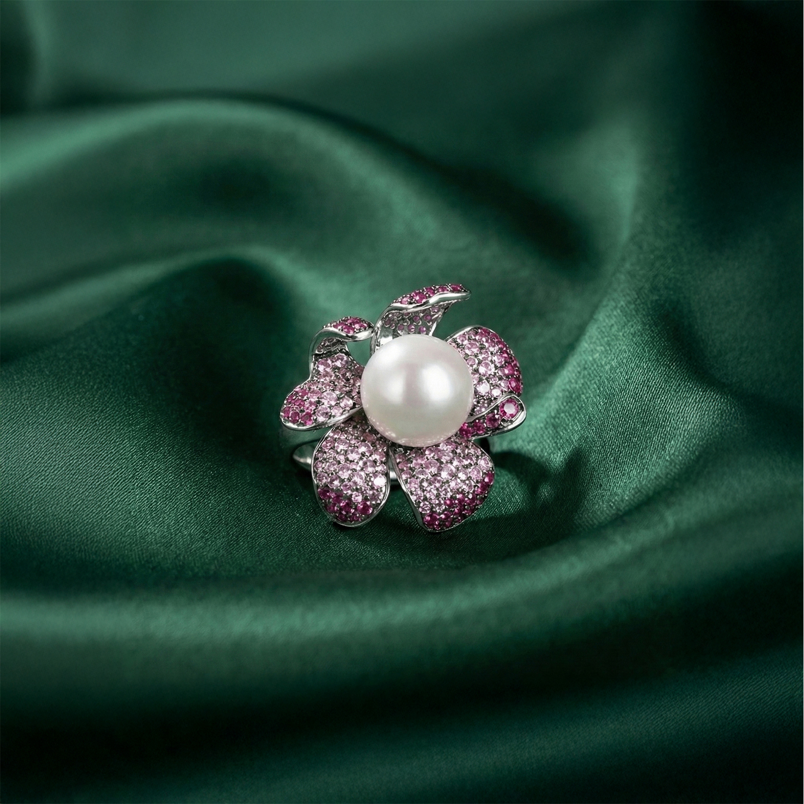 Exquisite Silver Pave Ruby & Sapphire Pearl Ring - KN (Adjustable) - Image 4