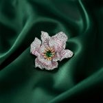 Exquisite Silver Pave Pink & Green Flower Brooch / Pendant- KN