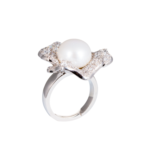 Exquisite Silver Pave Flower & Pearl Ring - KN (Adjustable)