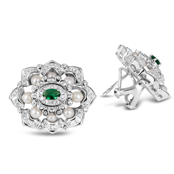 Exquisite Silver Pave Greta Pearl Earrings with Emerald - KN