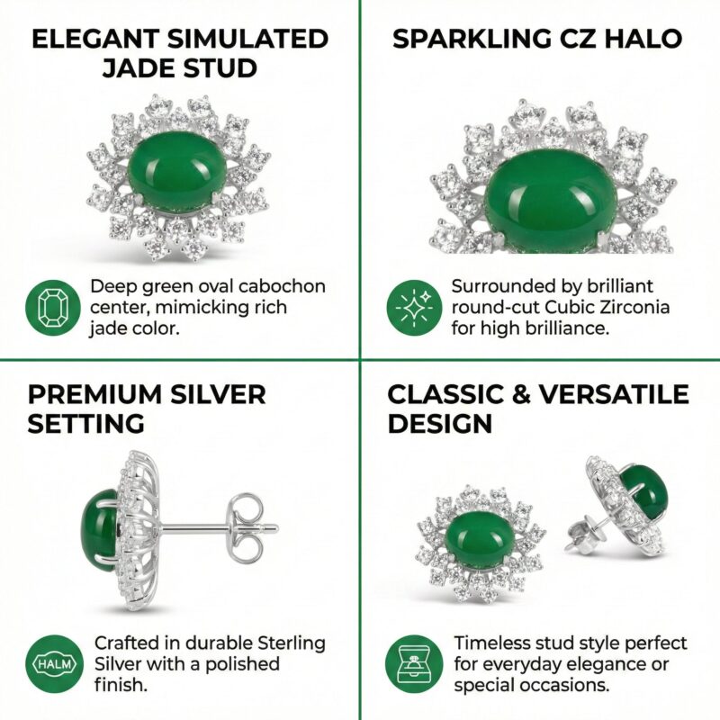 Elegant Jade Stud and CZ Halo Silver Earrings