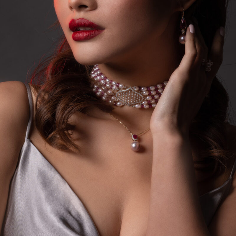 Sheela Diamond Pearl Necklace with Ruby